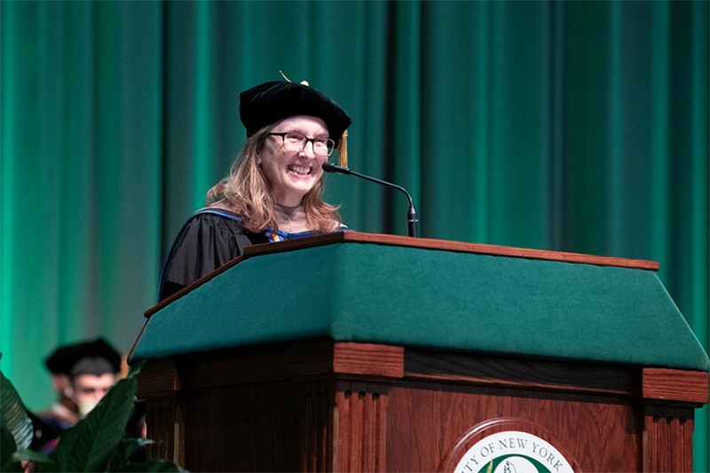 School of Management Dean Shelley Dionne congratulates the Class of 2024 at Commencement.