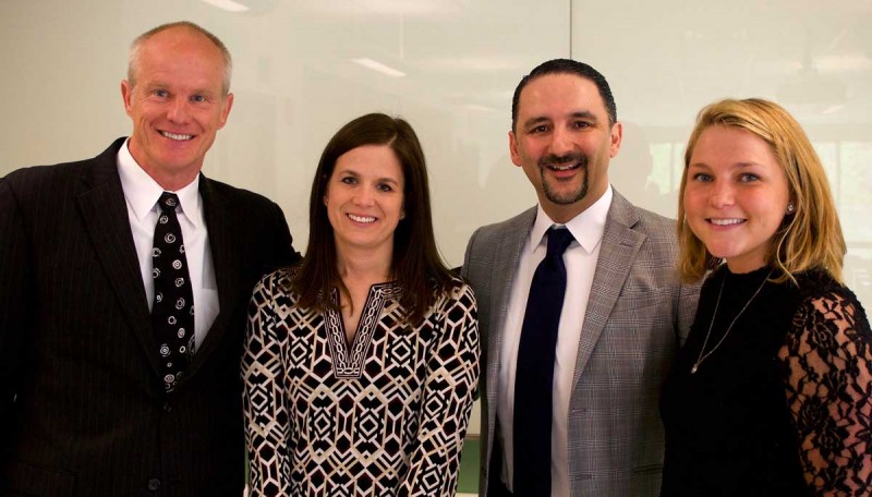 From left: Binghamton University President Harvey Stenger, Clinical Assistant Professor Lori Sprague, Decker Dean Mario Ortiz and Nursing Student Association President Andrea Kaplan at a May 3 ceremony celebrating Sprague winning the 2017 Decker Faculty-Engagement award.