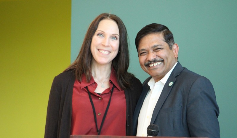 Skills Education Associate for Pharmacy Practice Andrea Snyder with Dean and SUNY Distinguished Professor Kanneboyina Nagaraju after the class of 2026 selected Snyder as the Staff Member of the Year.