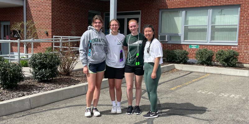 Binghamton University Bouncers Brynn Rice, Abby Ceisner, Malia Everett and Zenden Phuntsok (left to right) visit the North of Main (NoMa) Community Center on most weekends to teach local youth the sport of competitive jump rope.