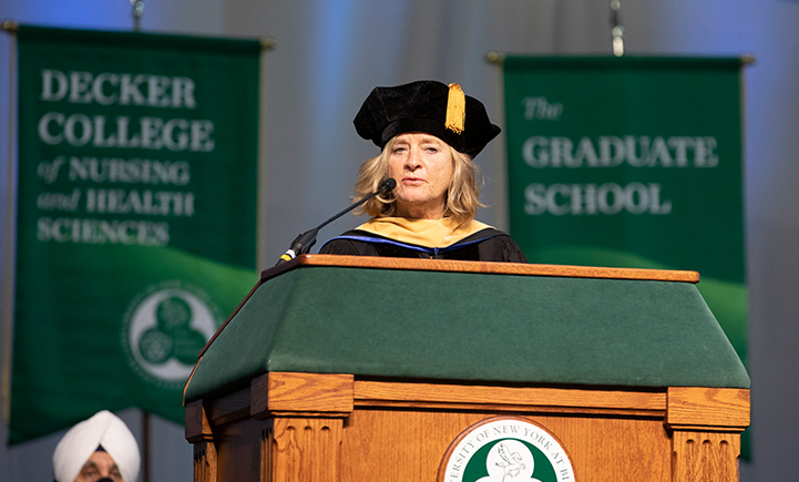 Laura Bronstein, dean of CCPA, speaks during the virtual Commencement ceremony