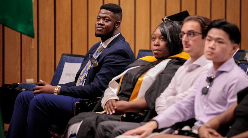 At the Class of 2023 Executive Program in Health Systems recognition ceremony in Manhattan are, from left, Alvin Almonor, Tameca Brown, Ethan Chalfen and Angus Chou.