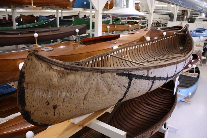 One of the Adirondack museum's many historic freshwater boats, this birchbark canoe was made by someone working in the Algonquin- Malecite-Ojibwe tradition in the 19th century.