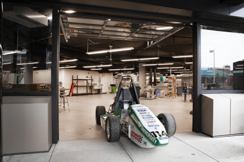 A garage door at the new Fabrication Lab in the Engineering Building will make life easier for the Binghamton Motorsports team.