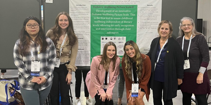 Youyu Zhang, Bridget Wickisier, Madison Kozlowski ‘22, Julia DeMartino ‘22, Judith Quaranta and Rosa Darling, showcased their Pediatric Well-being Picture Scale research poster at the American Public Health Association Annual Meeting and Expo in Atlanta, Ga. on Nov. 12, 2023.