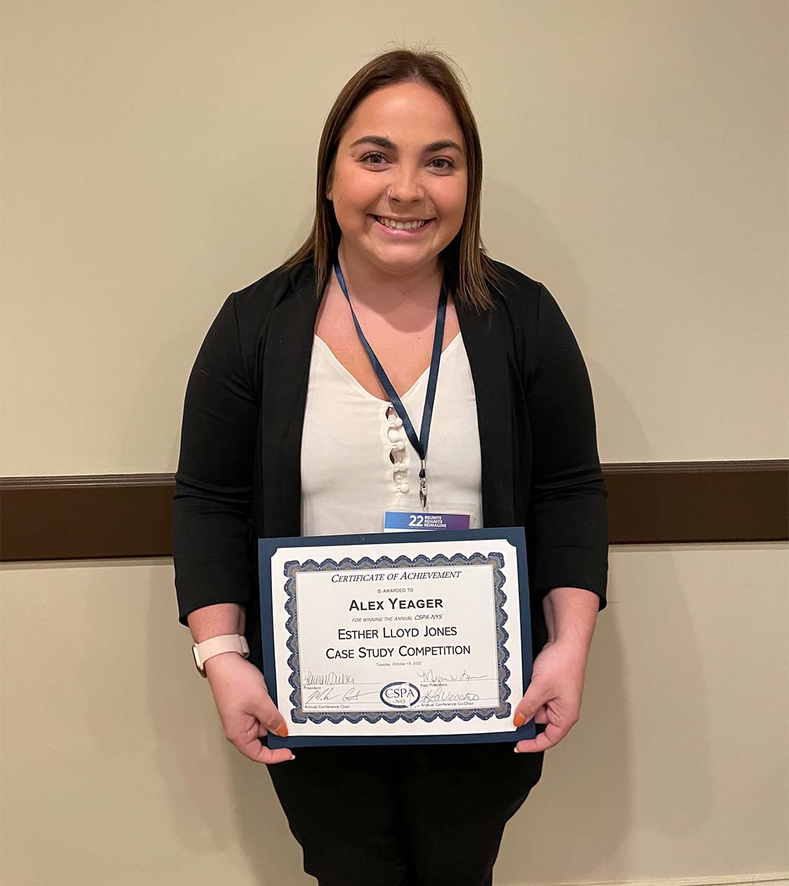 Alexandra Yeager, a student affairs administration master's student, won the Esther Lloyd Jones Annual Case Study Competition Oct. 18, 2022, during the College Personnel Association of New York State (CSPA NYS) annual conference