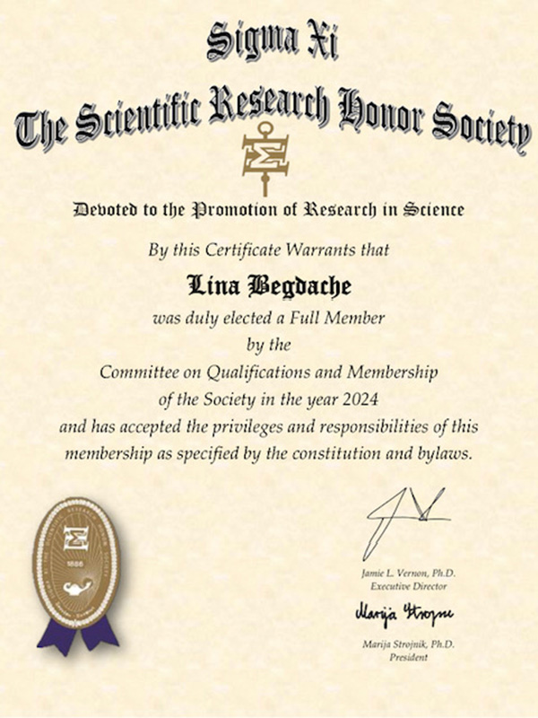 Lina Begdache became a full member of Sigma Xi in June 2024. Membership in the society rewards excellence in scientific research and encourages a sense of companionship and cooperation among scientists in all fields.