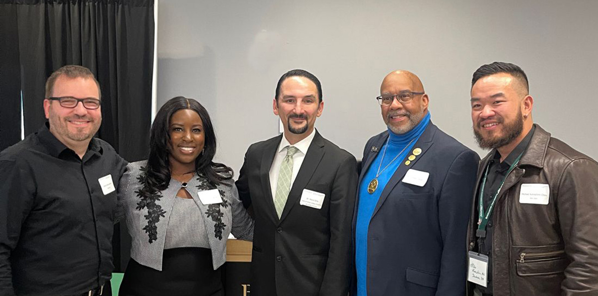 Four Decker College of Nursing and Health Sciences alumni received awards at the Homecoming Brunch. From left, David Klimachefsky, Adenike Okeowo, Decker College Dean Mario Ortiz, Sheldon Fields and Michael Kaneshiro Chou.