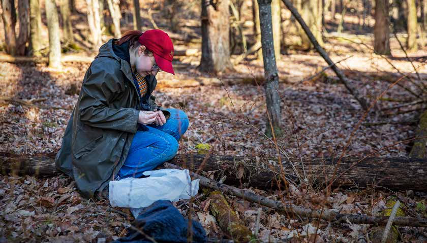 Diana Knoell, a senior environmental studies major, collects leaf litter for research in the Nature Preserve this spring. Knoell chose to finish her semester in the Binghamton area rather than going home to Long Island, where COVID-19 was more widespread.
