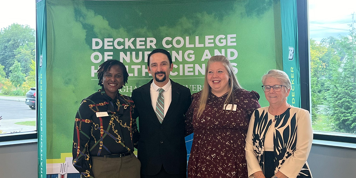 Four Decker College of Nursing and Health Sciences alumni received awards at the 2024 Homecoming Brunch. From left, Kayoll Galbraith Gyan, Decker College Dean Mario Ortiz, Kali Minier and Lynn Gallagher-Ford. Winner Rachel Kimani could not attend.