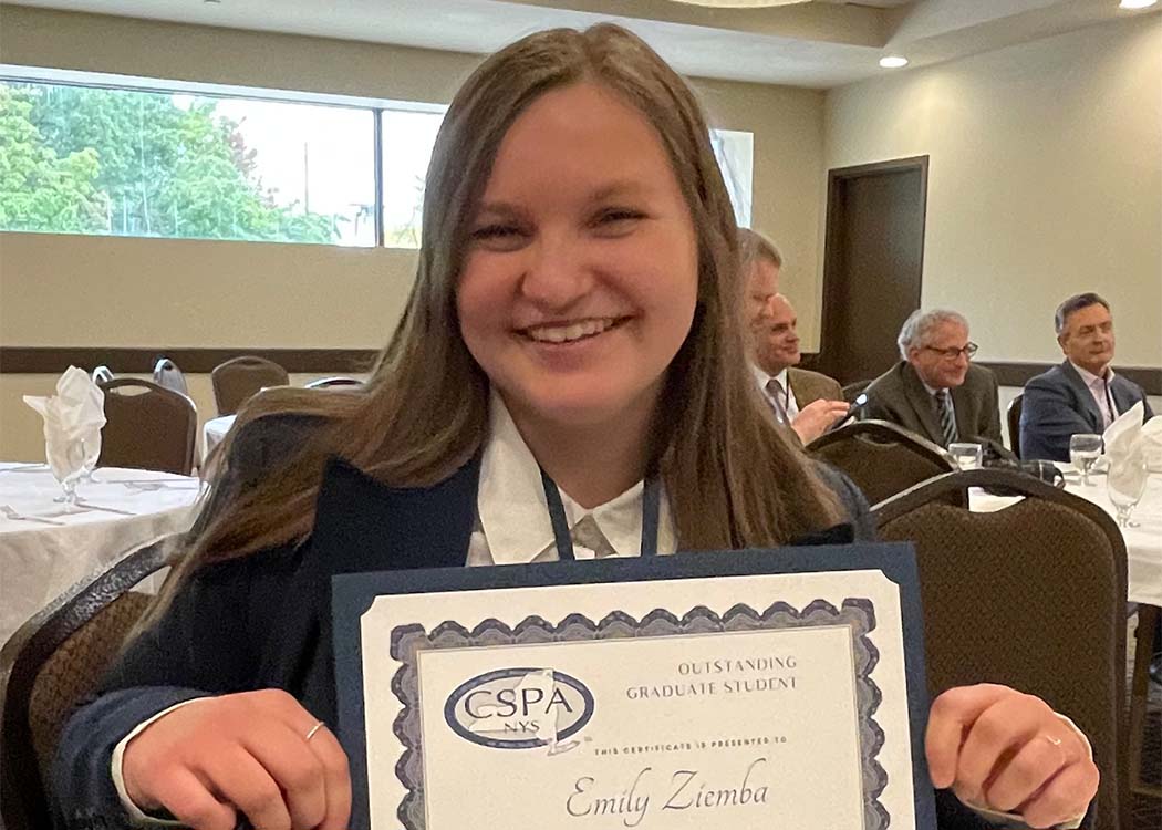 Emily Ziemba, a graduate student in the Department of Student Affairs Administration, received the Outstanding Graduate Student award during the College Personnel Association of New York State (CSPA-NYS) annual conference in Binghamton.