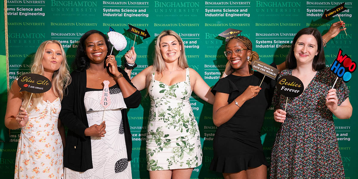 Class of 2023 graduates from the Executive Program in Health Systems celebrate in July in Manhattan. From left are Lauren Kraus, Tamiqua Graham, Erica Lester, Danyel Christopher and Samantha Zerrenner.