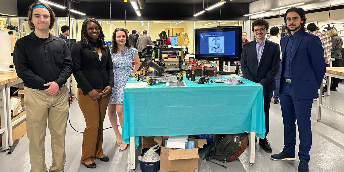 Seniors in mechanical engineering presented their capstone projects in May at the Fabrication Lab in the Engineering Building. The expo format allowed judges and others to walk around and see the students' work.