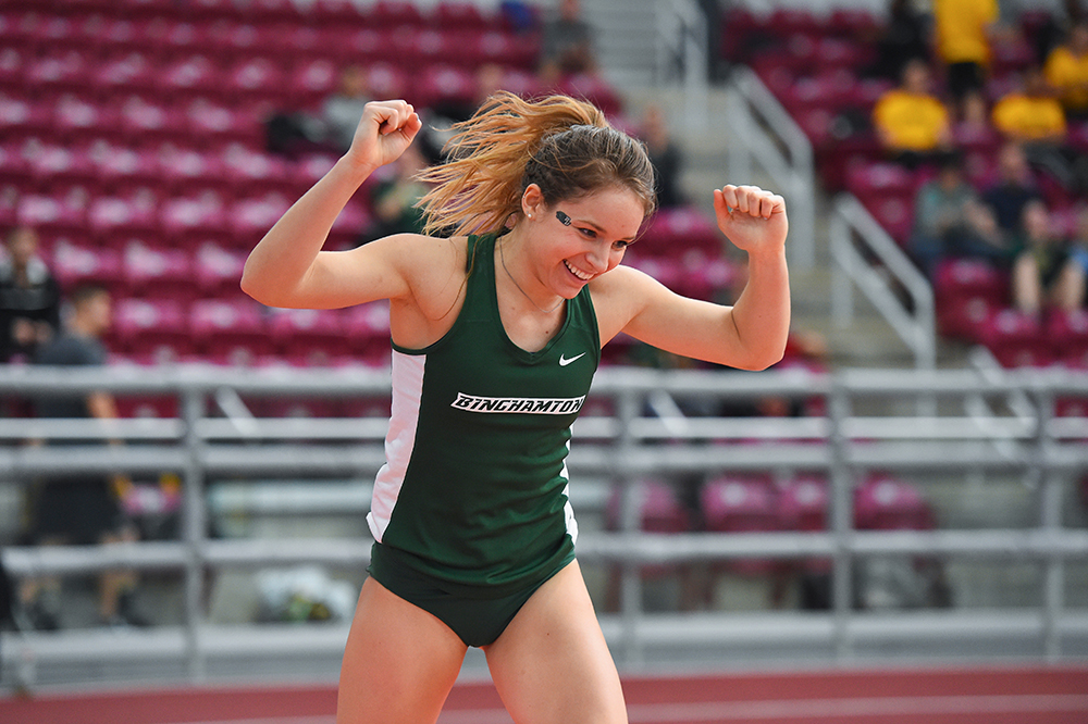 Sarah Haley celebrates after a successful vault this season.