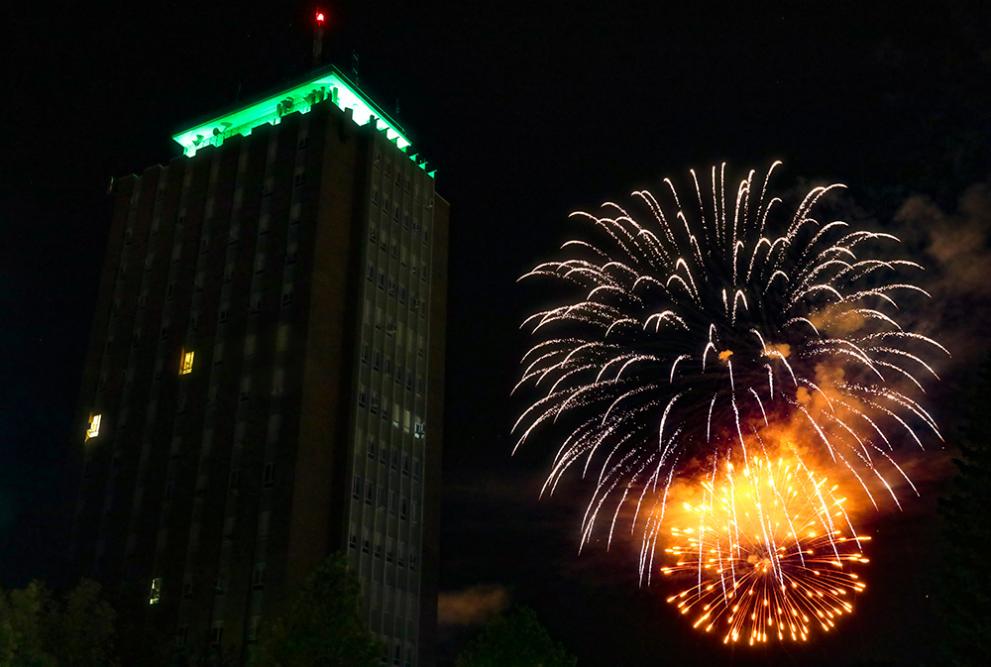 Fireworks over the Bartle Tower 