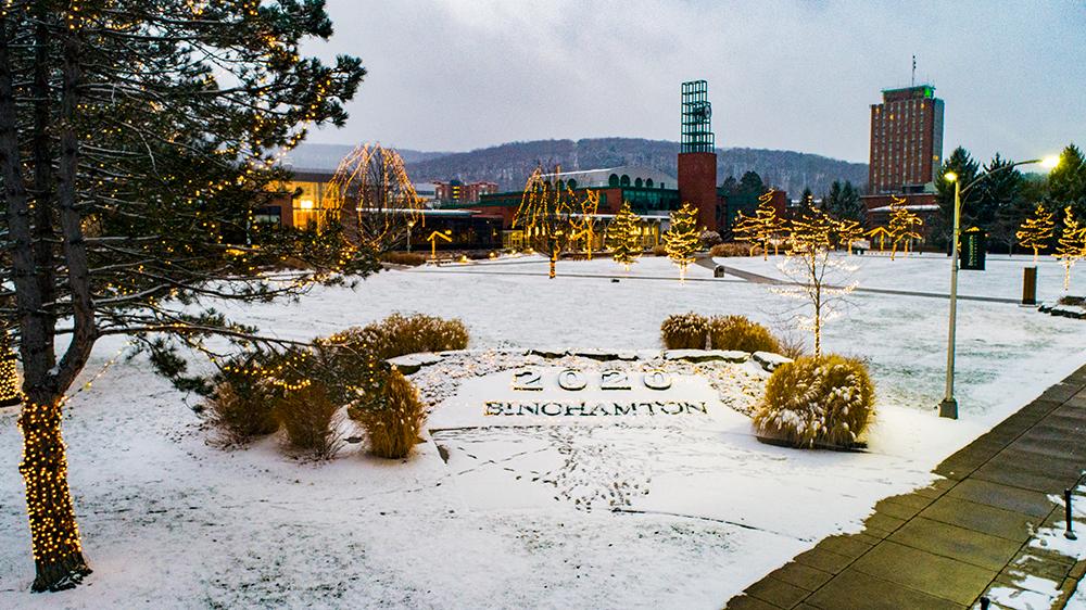 Holiday lights at the Peace Quad 